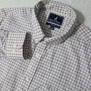 Wool & Prince Button Down Mens L Purple White Check 100% Wool Regular Fit Stain